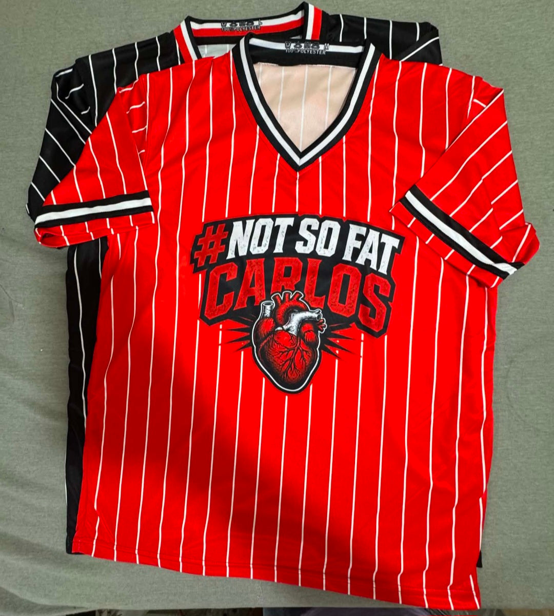#NOT SO FAT CARLOS Pinstripe Red Performance Jersey - SUPERPOWERS HEROIC APPAREL