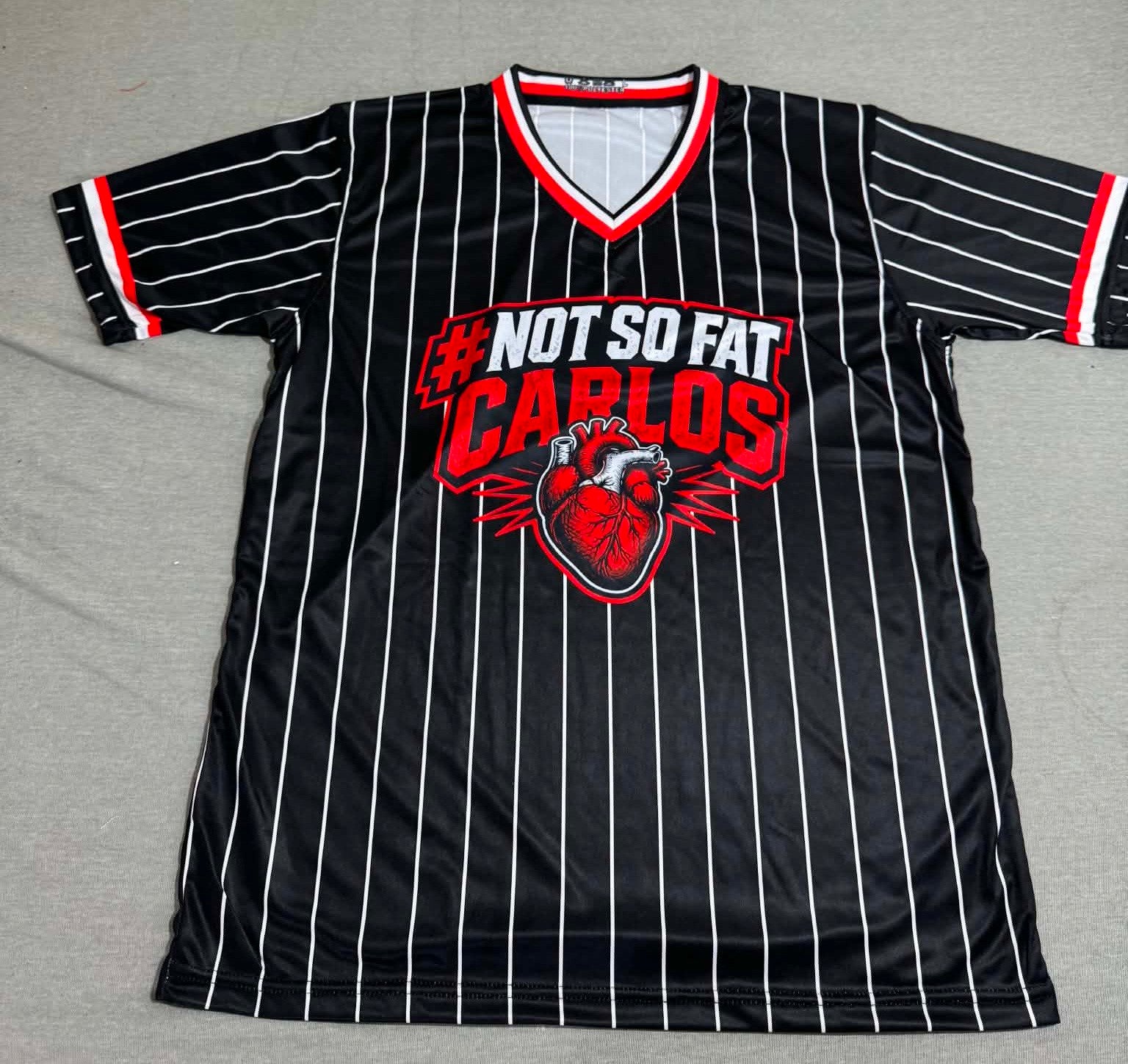 #NOT SO FAT CARLOS Pinstripe Black Performance Jersey - SUPERPOWERS HEROIC APPAREL