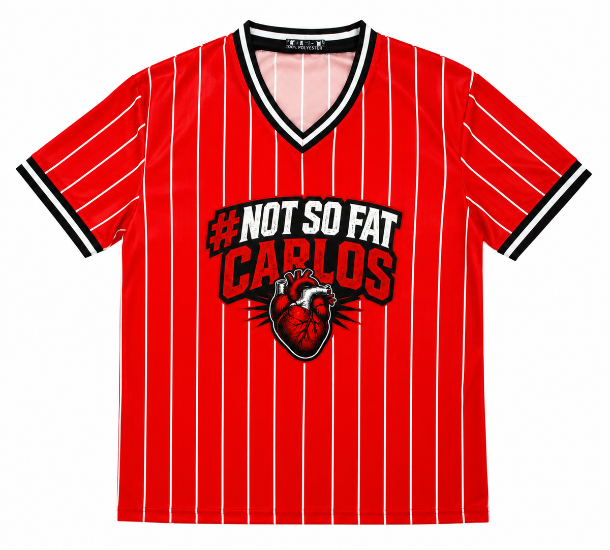 #NOT SO FAT CARLOS Pinstripe Red Performance Jersey - SUPERPOWERS HEROIC APPAREL